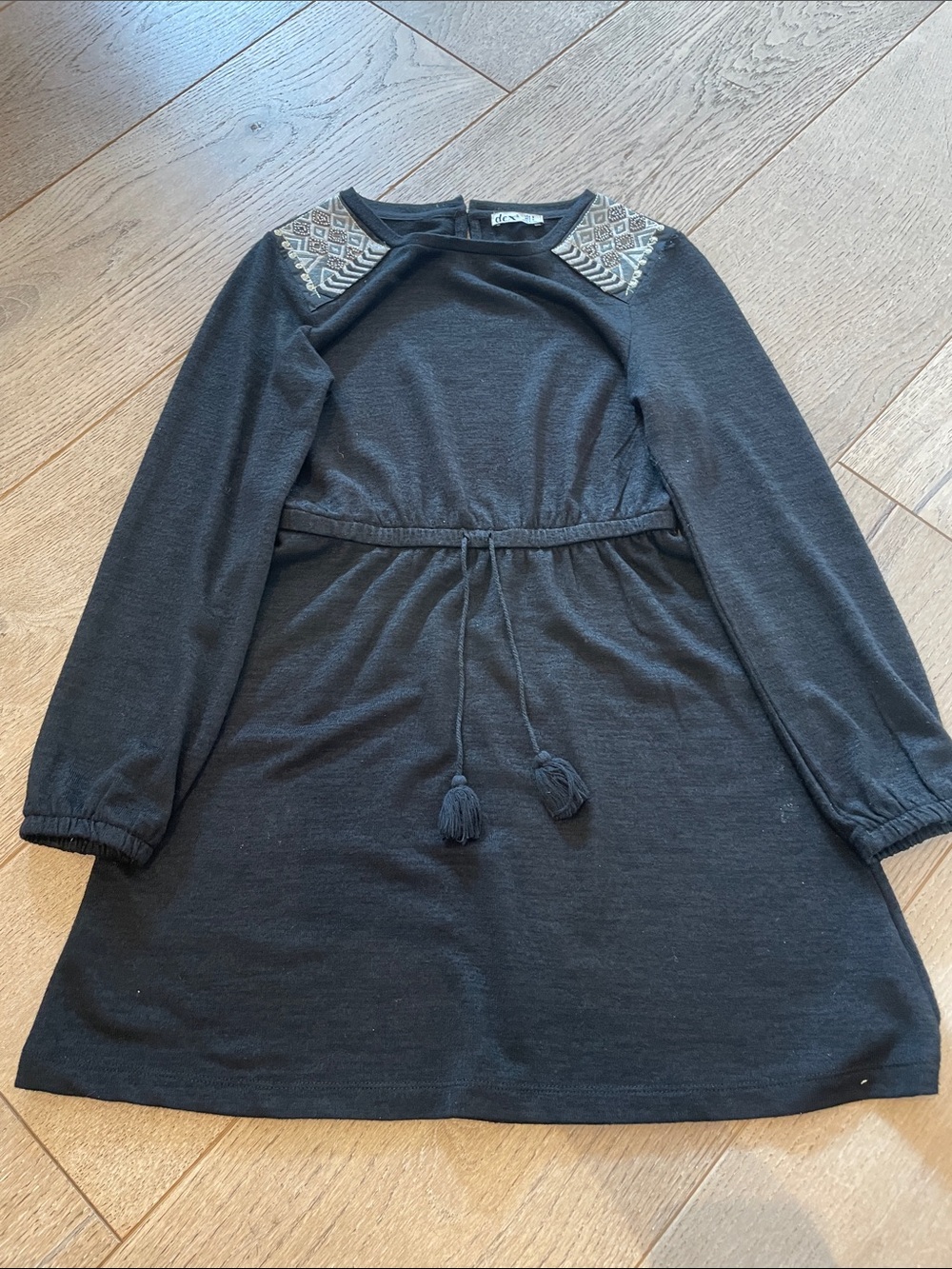 Dex Black Long-Sleeve Knit Dress with Embroidered Shoulder Detail (kids M)
